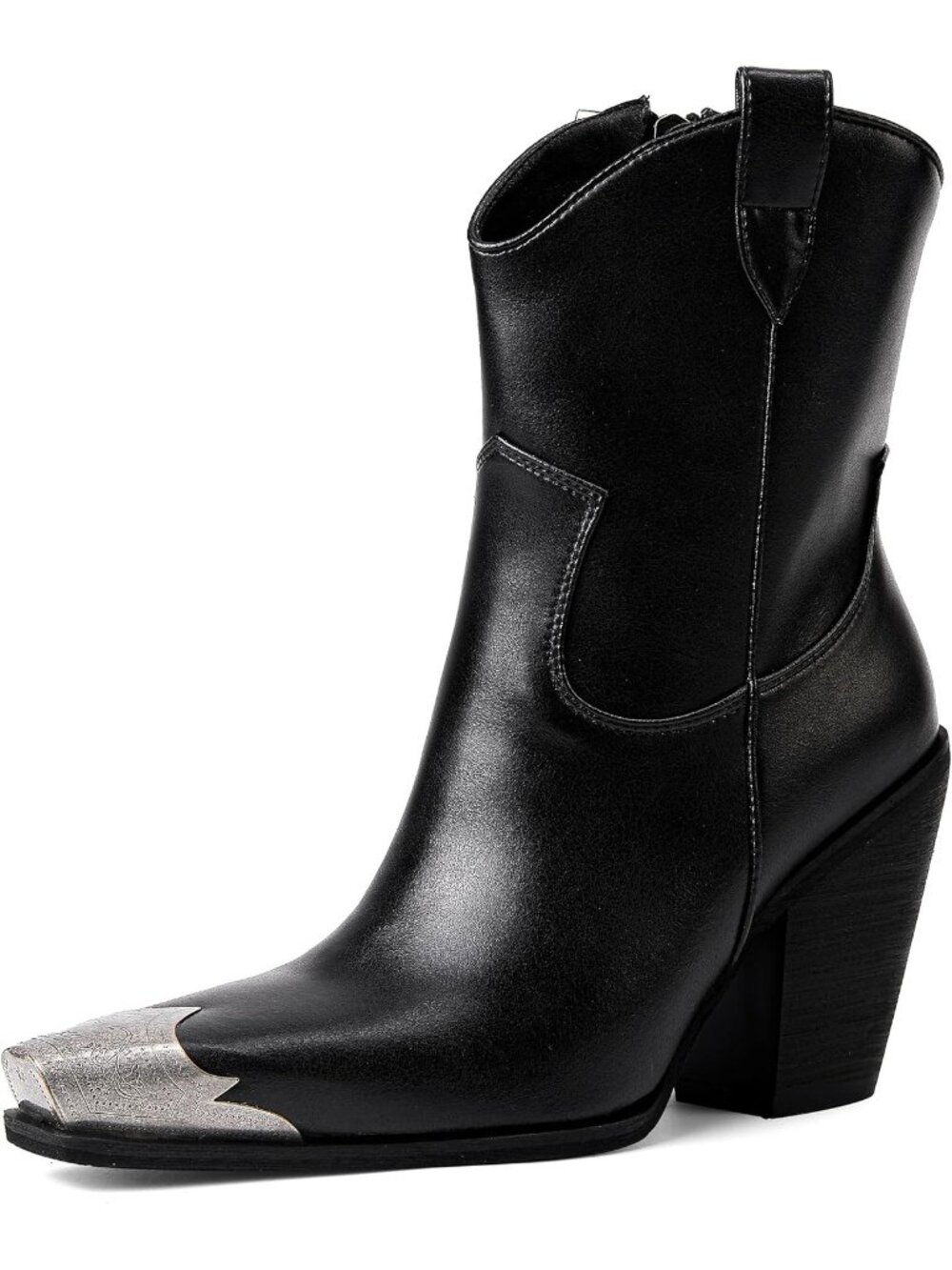 Women's Black Engraved Steel Toe Cowgirl Boots Stacked Block Heels Short Booties